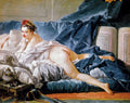 Quadro decorativo Odalisca Reclinada de François Boucher, retratando uma mulher nua reclinada em lençóis azuis e brancos, com olhar direto para o espectador.