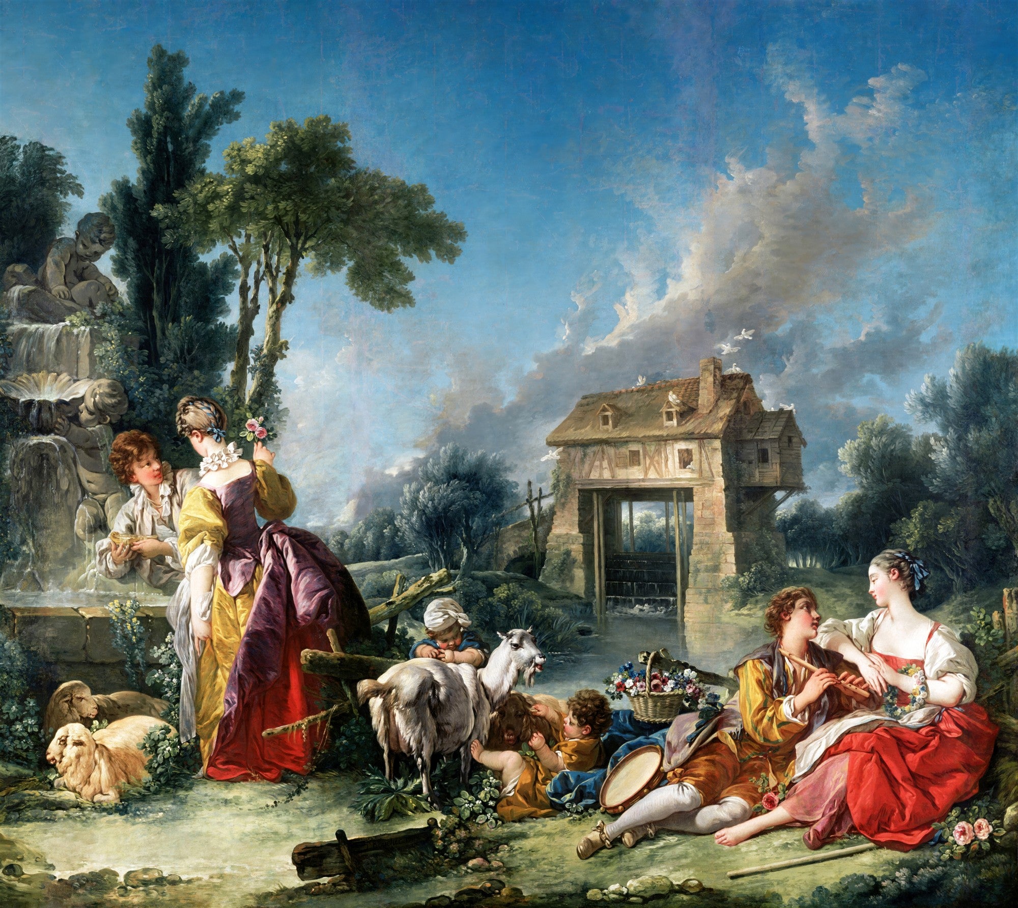 Quadro decorativo 'A Feliz Reunião' de François Boucher, representando uma cena pastoril idílica com figuras elegantes, animais e uma paisagem exuberante.