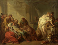 Quadro decorativo mostrando a obra 'A Morte de Meleagro' de François Boucher, com figuras em uma cena dramática de luto, estilo rococó.