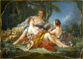 Quadro decorativo 'A Pastoral' de François Boucher, mostrando três figuras femininas em um cenário campestre com ovelhas ao fundo, em tons suaves e detalhes delicados.