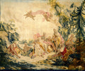 Tapeçaria representando a obra 'A Europa' de François Boucher, com figuras mitológicas em um cenário pastoral e campestre, anjos no céu e um touro branco no centro.