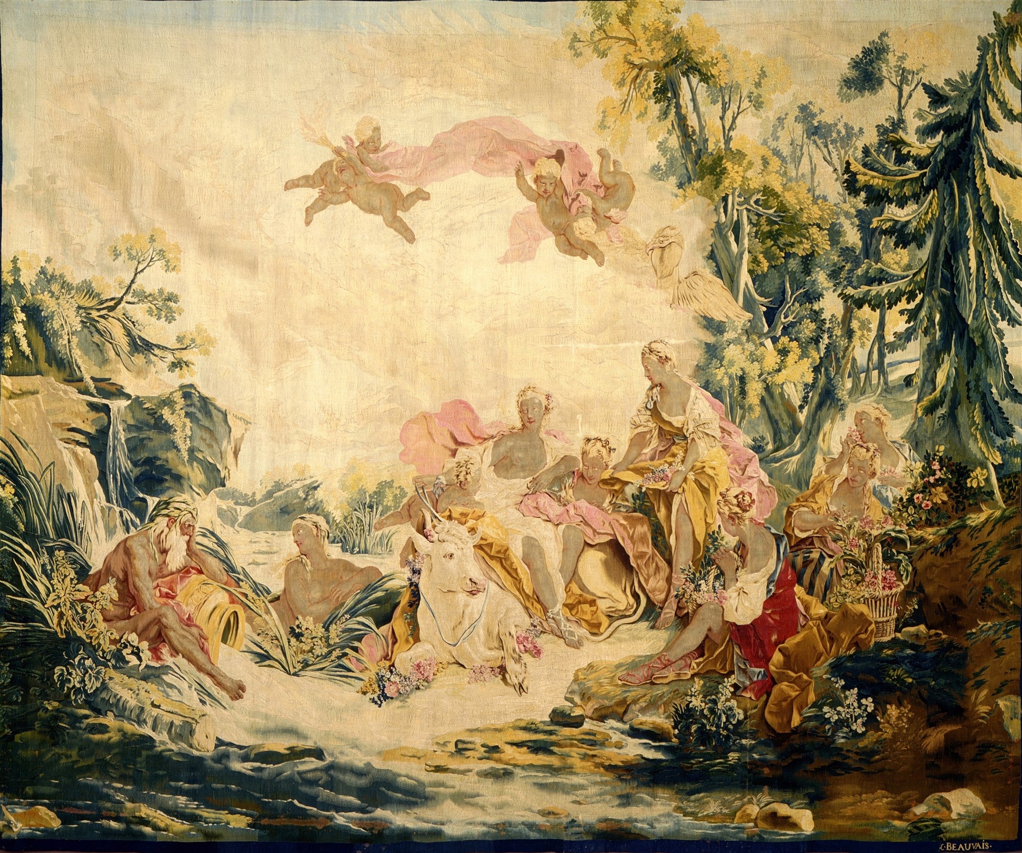 Tapeçaria representando a obra 'A Europa' de François Boucher, com figuras mitológicas em um cenário pastoral e campestre, anjos no céu e um touro branco no centro.