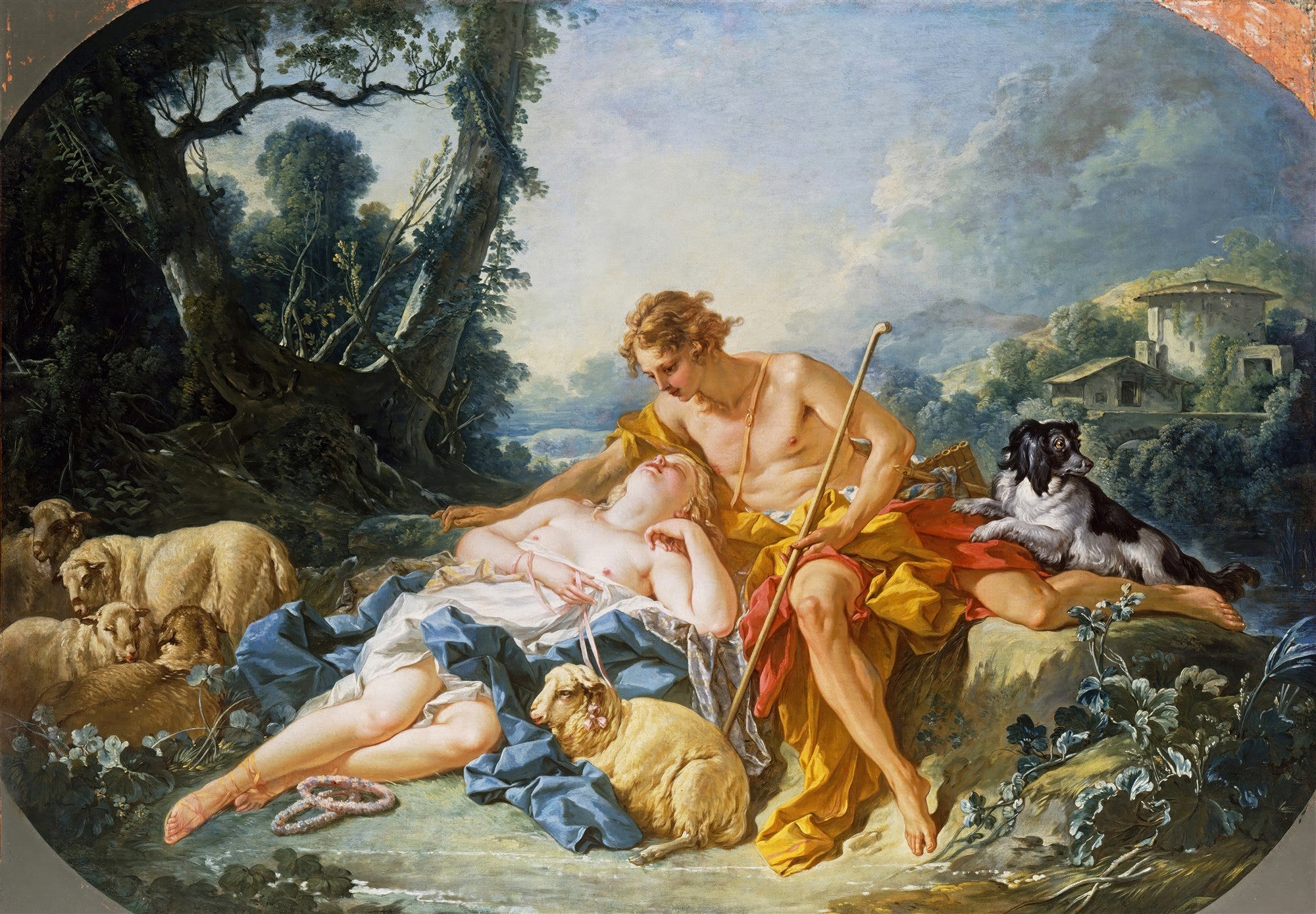 Casal jovem em cena pastoral com ovelhas e cachorro, sob árvores em paisagem bucólica, obra de François Boucher