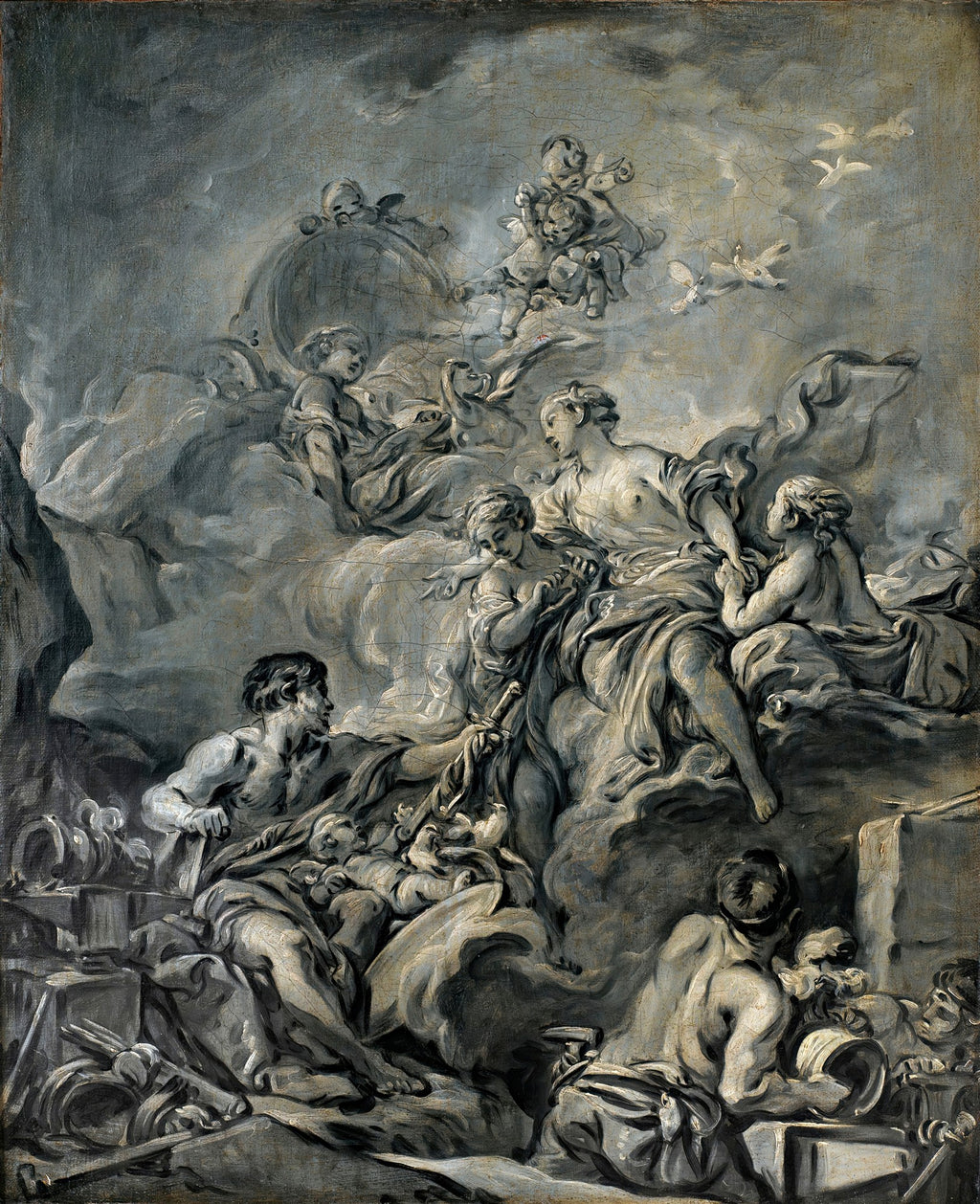 Quadro decorativo com pintura em tons de cinza, mostrando figuras mitológicas, incluindo um ferreiro, mulheres e querubins, atribuída a François Boucher.