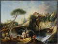 Quadro decorativo com paisagem clássica, atribuída a François Boucher, com cachoeira, ruínas, ponte e figuras pastorais, em tons terrosos e azuis.