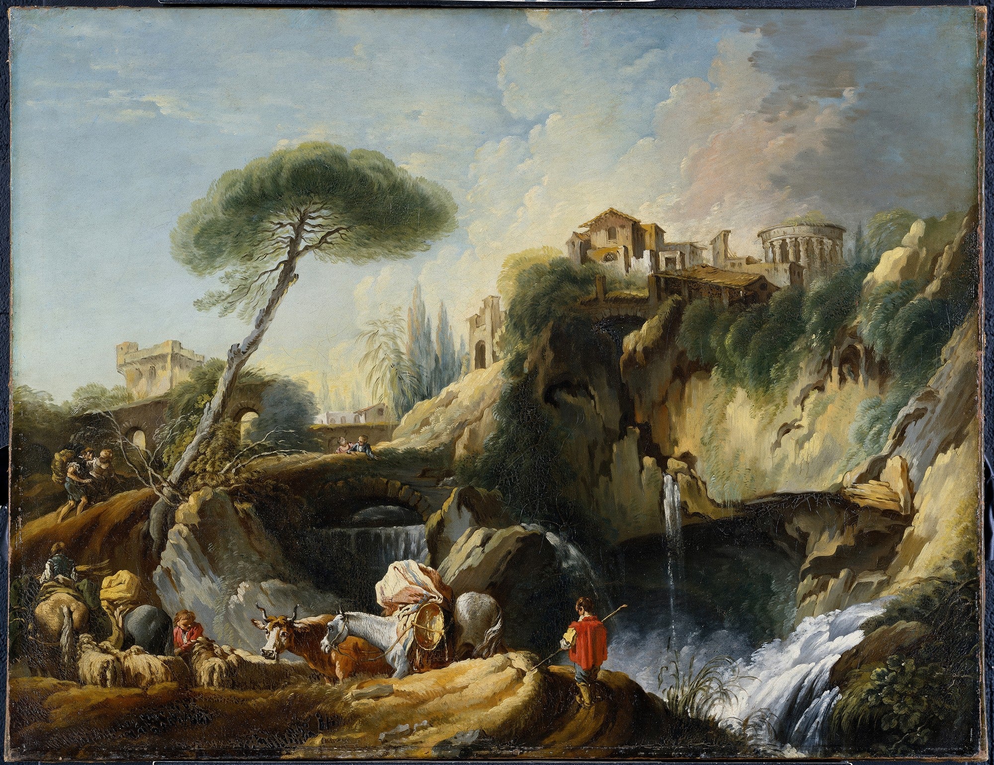 Quadro decorativo com paisagem clássica, atribuída a François Boucher, com cachoeira, ruínas, ponte e figuras pastorais, em tons terrosos e azuis.