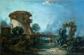 Quadro decorativo com paisagem rococó de François Boucher, 'A Ponte e o Moinho', mostrando uma ponte de madeira sobre um riacho, um moinho de pedra e duas figuras.