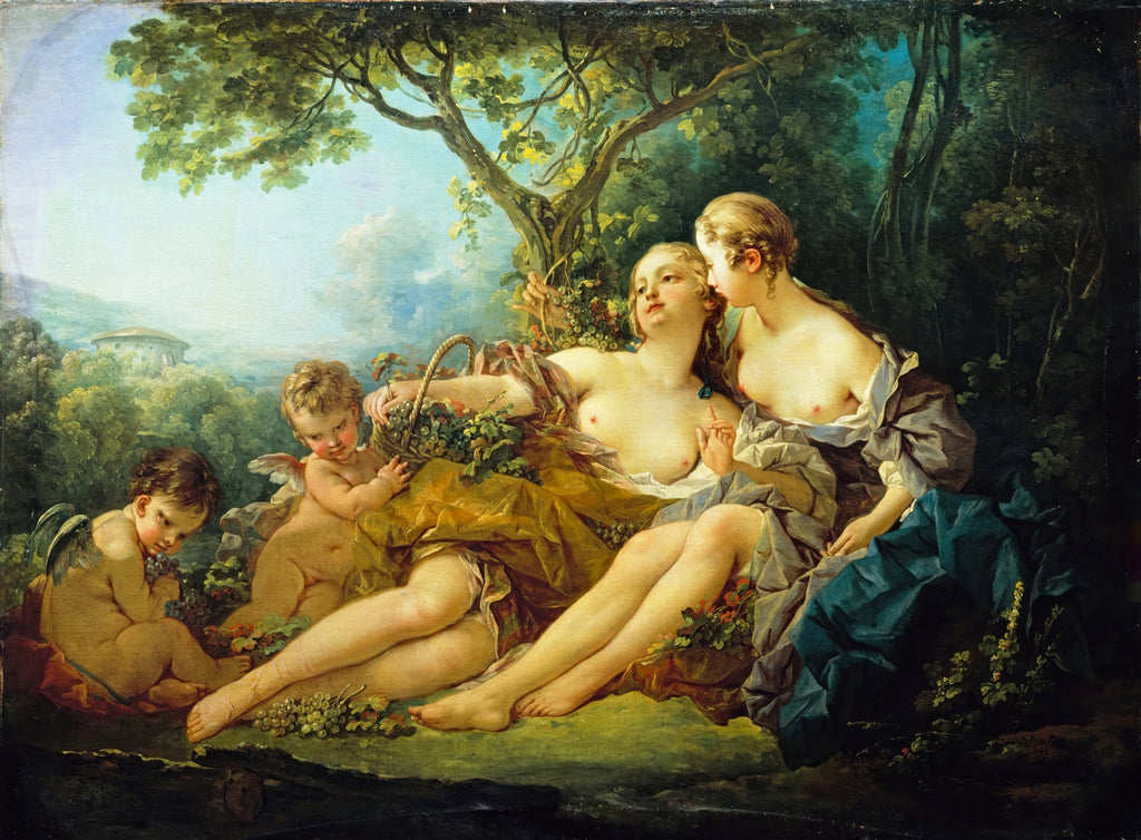 Uma pintura Rococó de François Boucher, mostrando duas ninfas nuas e cupidos em um cenário pastoral, com folhagem verde e céu azul.