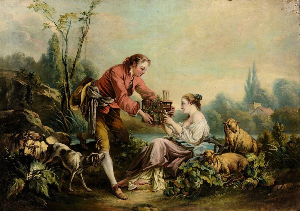 Quadro decorativo "A Gaiola" de François Boucher, mostrando um jovem entregando uma gaiola com pássaros a uma mulher sentada, com cães e ovelhas ao redor, em uma cena campestre idílica.