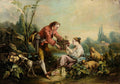 Quadro decorativo "A Gaiola" de François Boucher, mostrando um jovem entregando uma gaiola com pássaros a uma mulher sentada, com cães e ovelhas ao redor, em uma cena campestre idílica.
