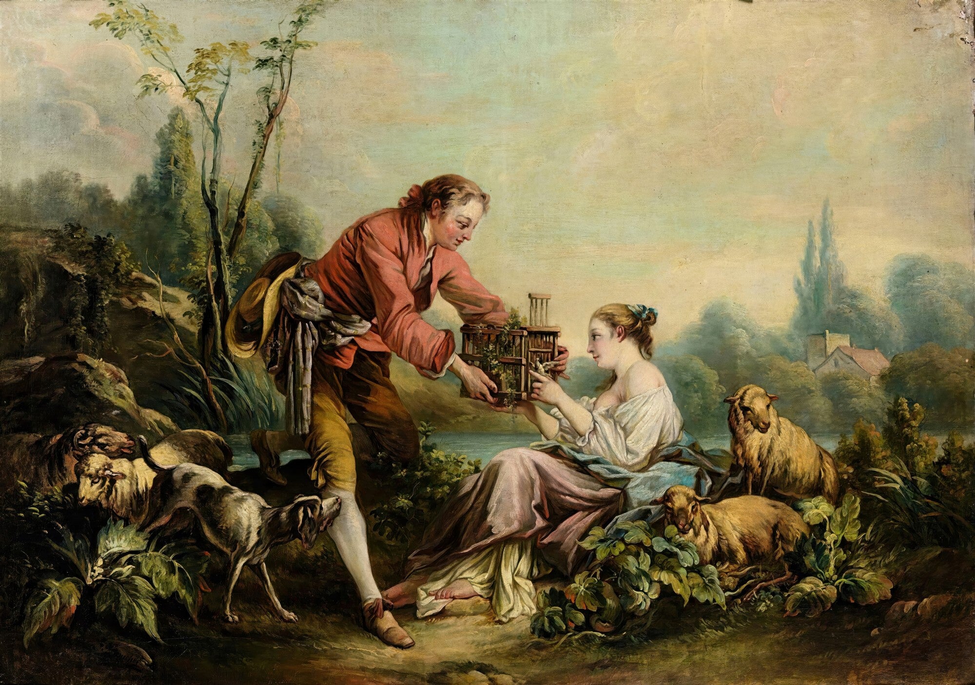Quadro decorativo "A Gaiola" de François Boucher, mostrando um jovem entregando uma gaiola com pássaros a uma mulher sentada, com cães e ovelhas ao redor, em uma cena campestre idílica.