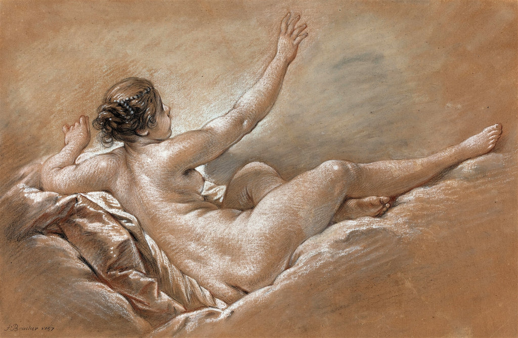 Desenho de François Boucher mostrando uma mulher nua reclinada, de costas, com os braços levantados, em tons de sépia e branco, sobre fundo marrom.
