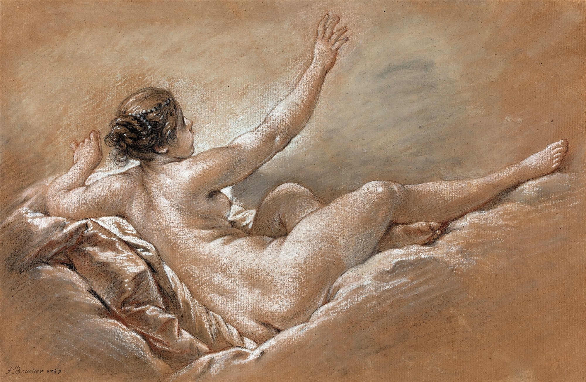 Desenho de François Boucher mostrando uma mulher nua reclinada, de costas, com os braços levantados, em tons de sépia e branco, sobre fundo marrom.