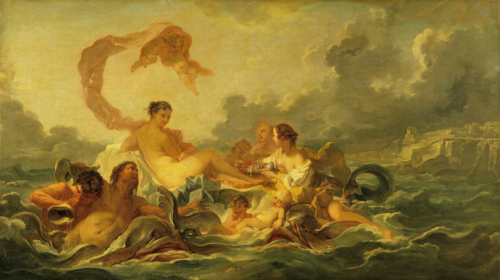 Pintura 'O Triunfo de Vênus' de François Boucher, representando a deusa Vênus cercada por figuras mitológicas no mar, em estilo rococó.