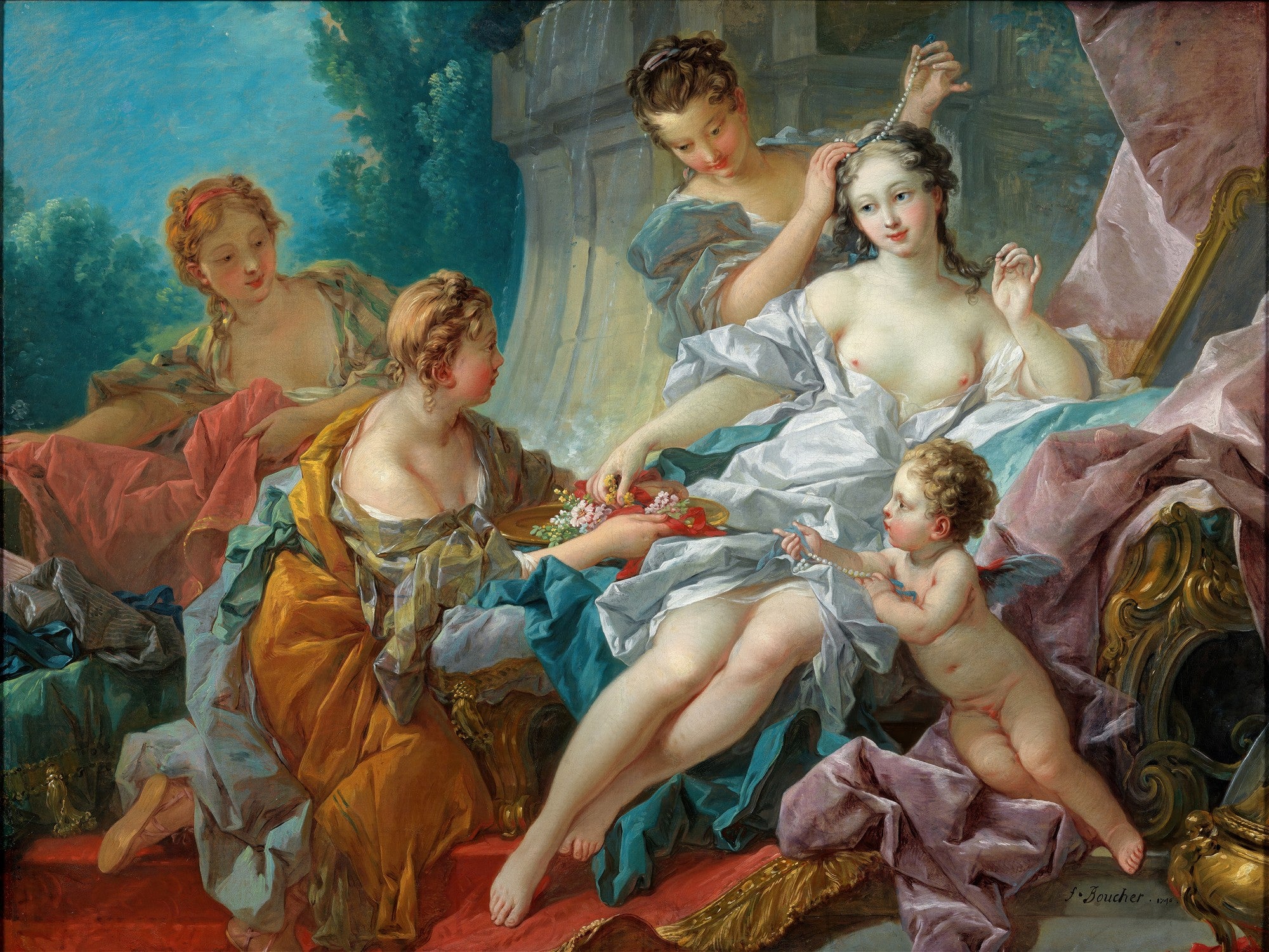 Quadro decorativo O Banho de Diana de François Boucher, com a deusa nua em um banho, cercada por ninfas e um cupido.