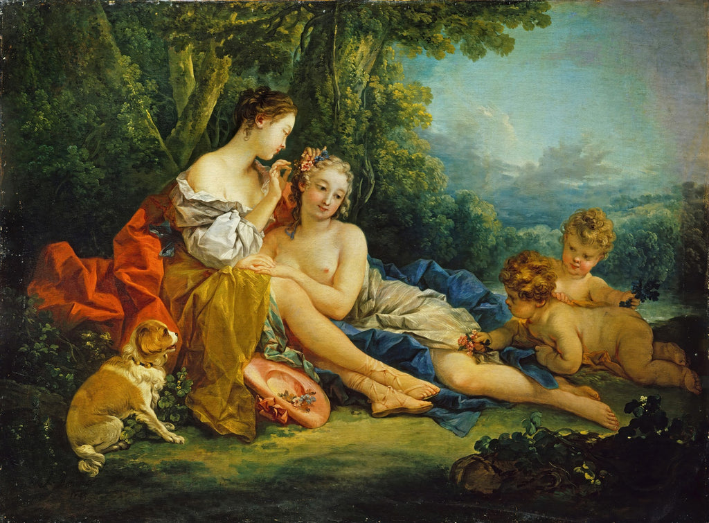 Quadro 'A Parure' de François Boucher, com duas mulheres, cupidos e um cão em um cenário campestre idílico.