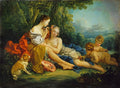 Quadro 'A Parure' de François Boucher, com duas mulheres, cupidos e um cão em um cenário campestre idílico.