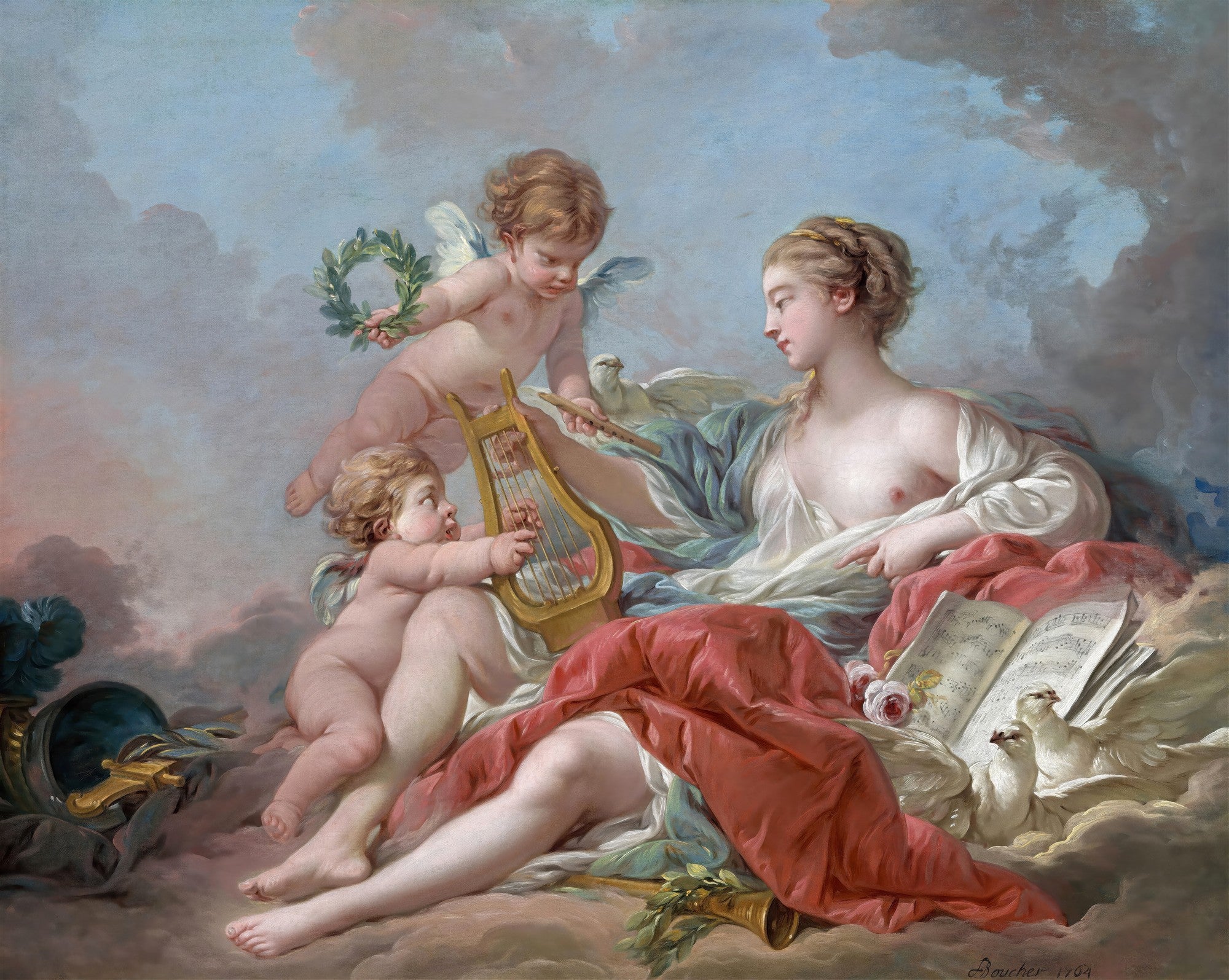 Quadro decorativo 'A Música' de François Boucher, representando uma mulher serena com anjos e instrumentistas em meio a nuvens, com pombas e partituras, em tons pastel. Pintura Rococó do século XVIII.