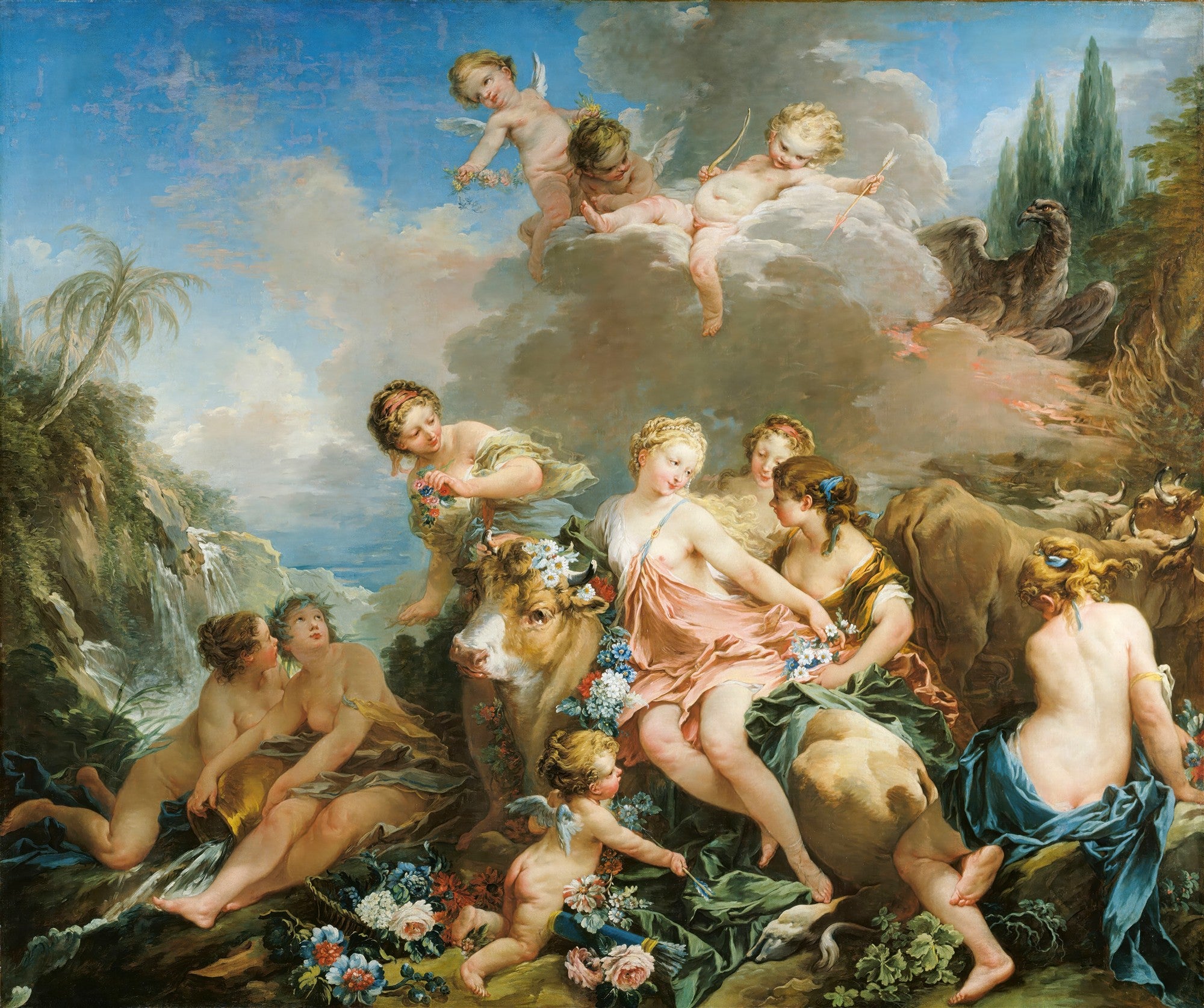 Pintura 'O Rapto de Europa' de François Boucher, com figuras mitológicas em um cenário idílico. Ninfas e cupidos cercam Europa, que está sobre um touro branco, em uma paisagem com montanhas, cachoeira e céu azul.
