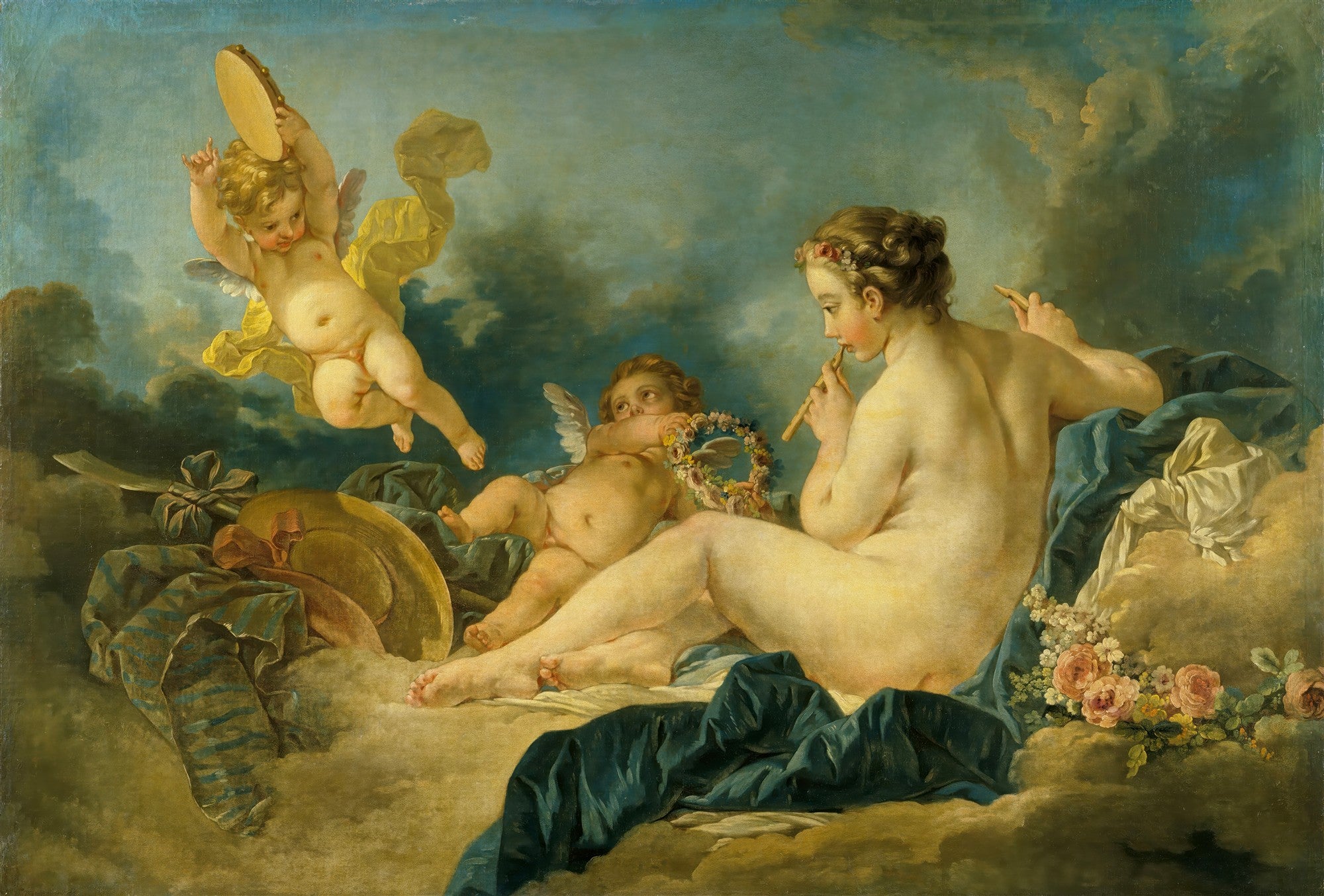 Quadro decorativo 'A Flautista' de François Boucher, mostrando uma figura feminina nua tocando flauta, rodeada por cupidos e nuvens celestiais. Um cupido voa com um pandeiro, outro brinca com uma guirlanda. Cores suaves e etéreas predominam.