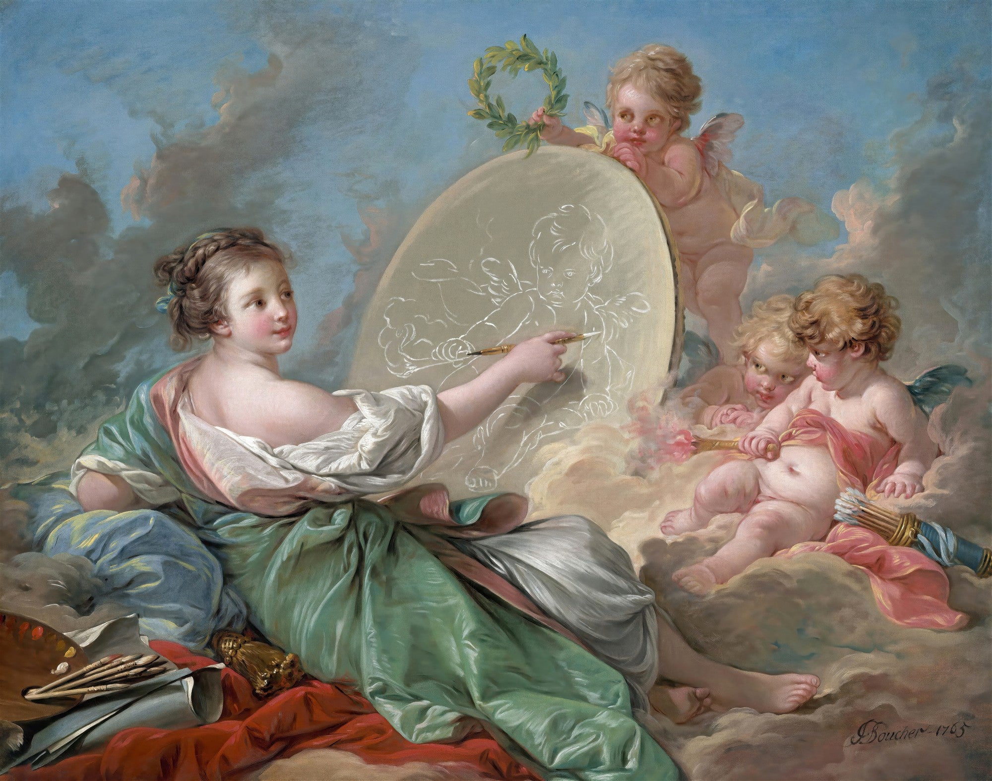 Quadro decorativo com uma mulher reclinada desenhando cupidos em uma tela oval, enquanto cupidos reais a observam em meio a nuvens celestiais. Obra de François Boucher.