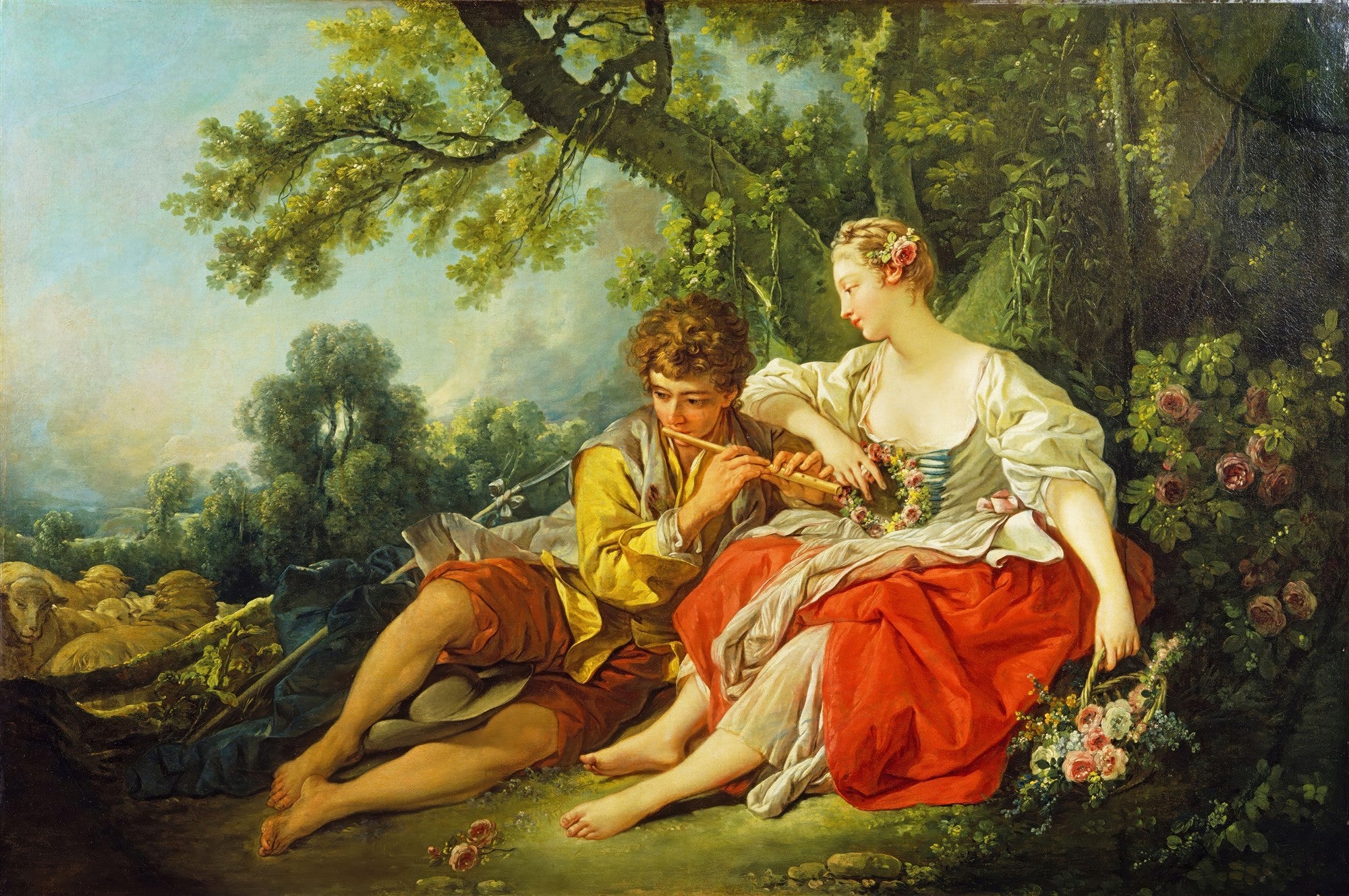 Casal jovem em cena pastoril romântica, com um homem tocando flauta e uma mulher segurando flores, sob uma árvore frondosa. Pintura de François Boucher em estilo Rococó.