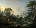 Quadro decorativo com paisagem idílica de François Boucher, mostrando um moinho de água à esquerda, um templo clássico em uma colina ao fundo e figuras pastoris perto de um riacho, sob um céu claro com nuvens claras. Predominam tons de verde, azul e ocre.