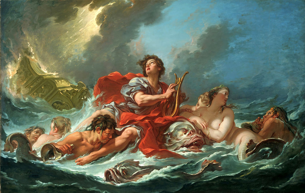 Quadro decorativo de Apolo, deus da música, em meio a um naufrágio, tocando lira para ninfas marinhas e tritões, com um navio em chamas ao fundo, pintado por François Boucher