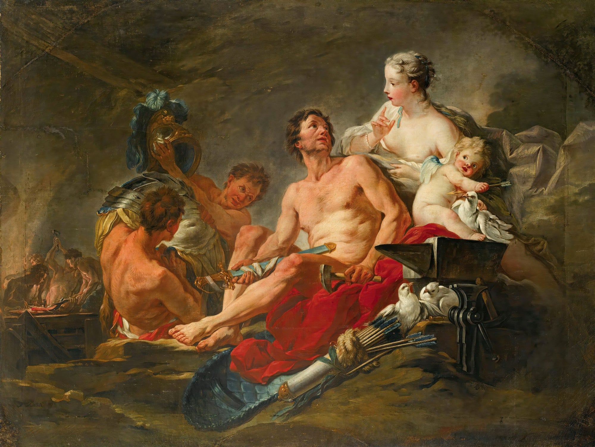 Pintura a óleo de François Boucher, "A Forja de Vulcano", com figuras mitológicas em uma forja, incluindo uma mulher nua, um homem musculoso e putti.