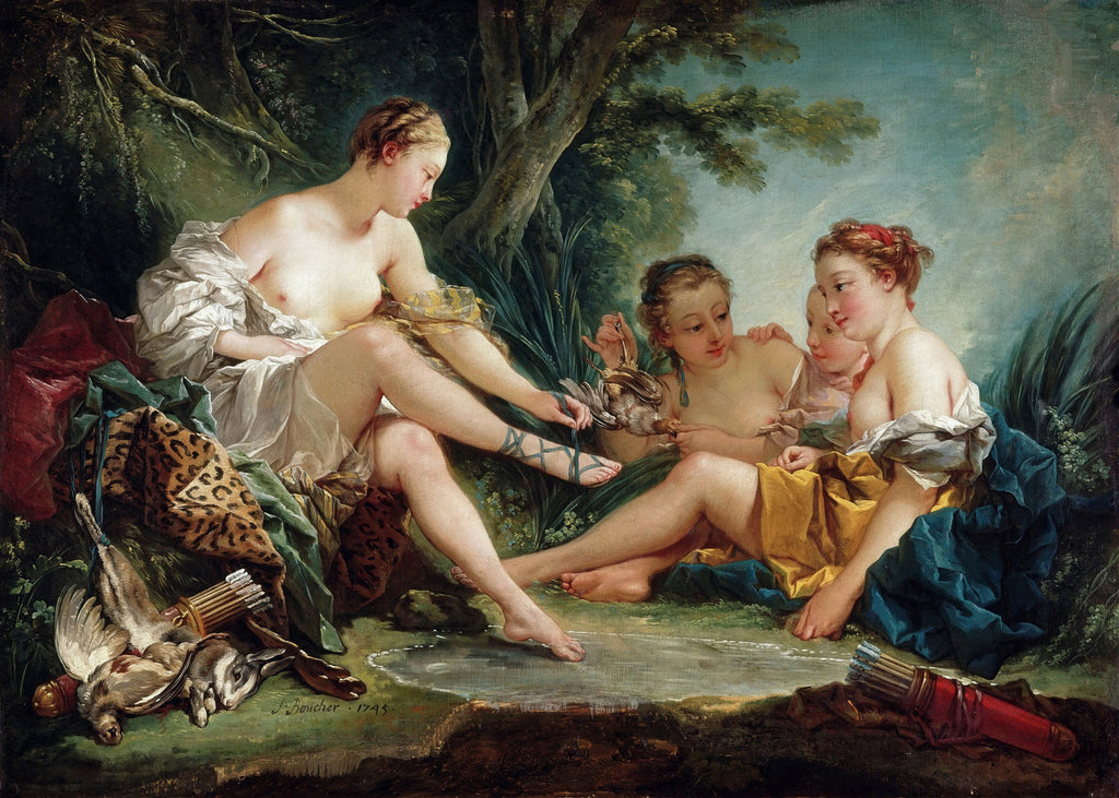 Quadro decorativo 'Diana saindo do Banho' de François Boucher, representando a deusa Diana e ninfas em uma paisagem natural, com tons pastel e iluminação suave. Detalhes de caça e natureza ao redor. Obra rococó.