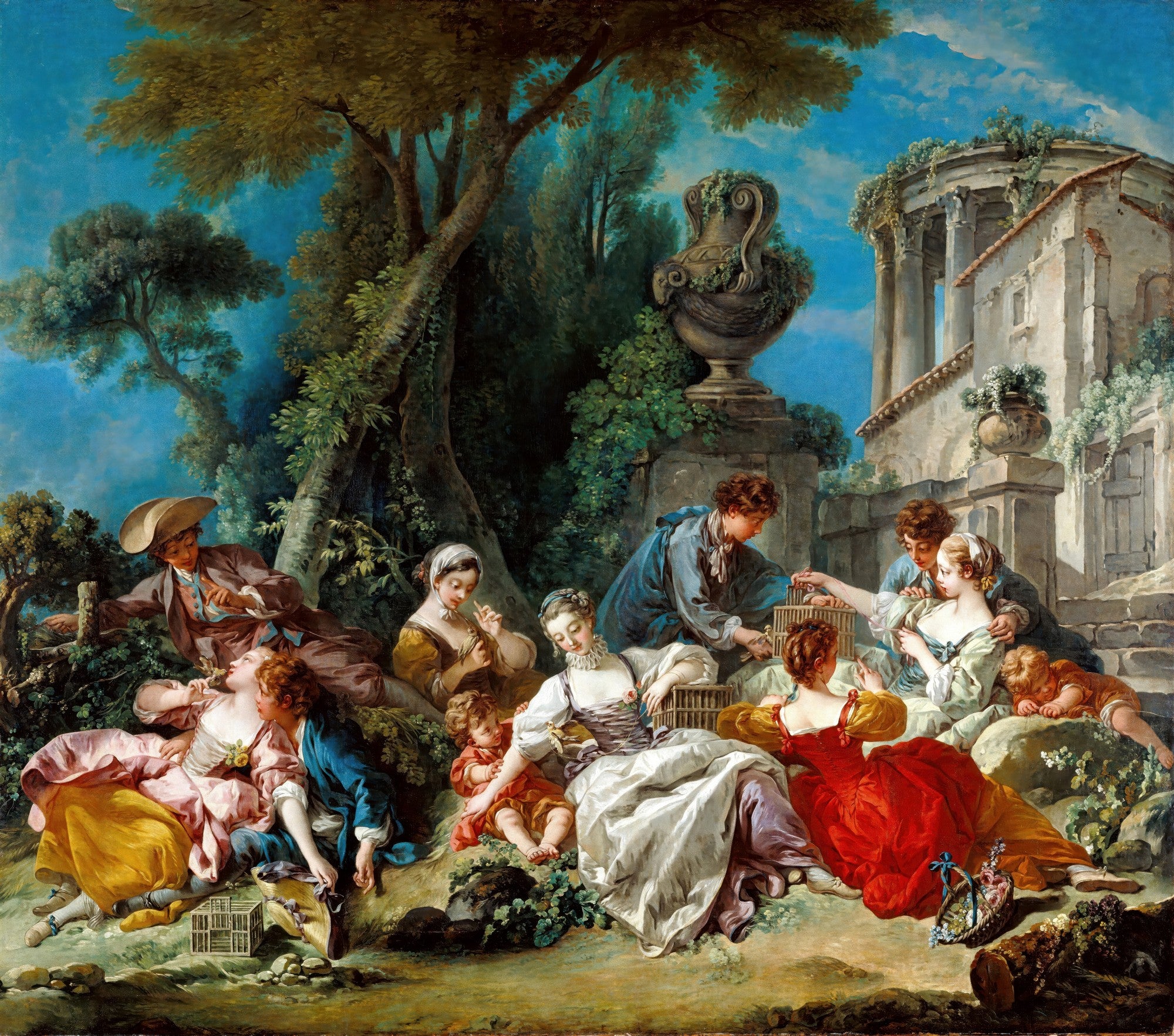 Quadro decorativo com a pintura 'A Gaiola de Pássaros' de François Boucher, retratando jovens e crianças em um jardim rococó.