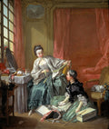 Quadro decorativo com a pintura 'A Camareira' de François Boucher, retratando duas mulheres em um interior rococó, uma penteando o cabelo e outra ao lado com uma caixa, com um gato na poltrona ao fundo. Cores vibrantes e detalhes clássicos.