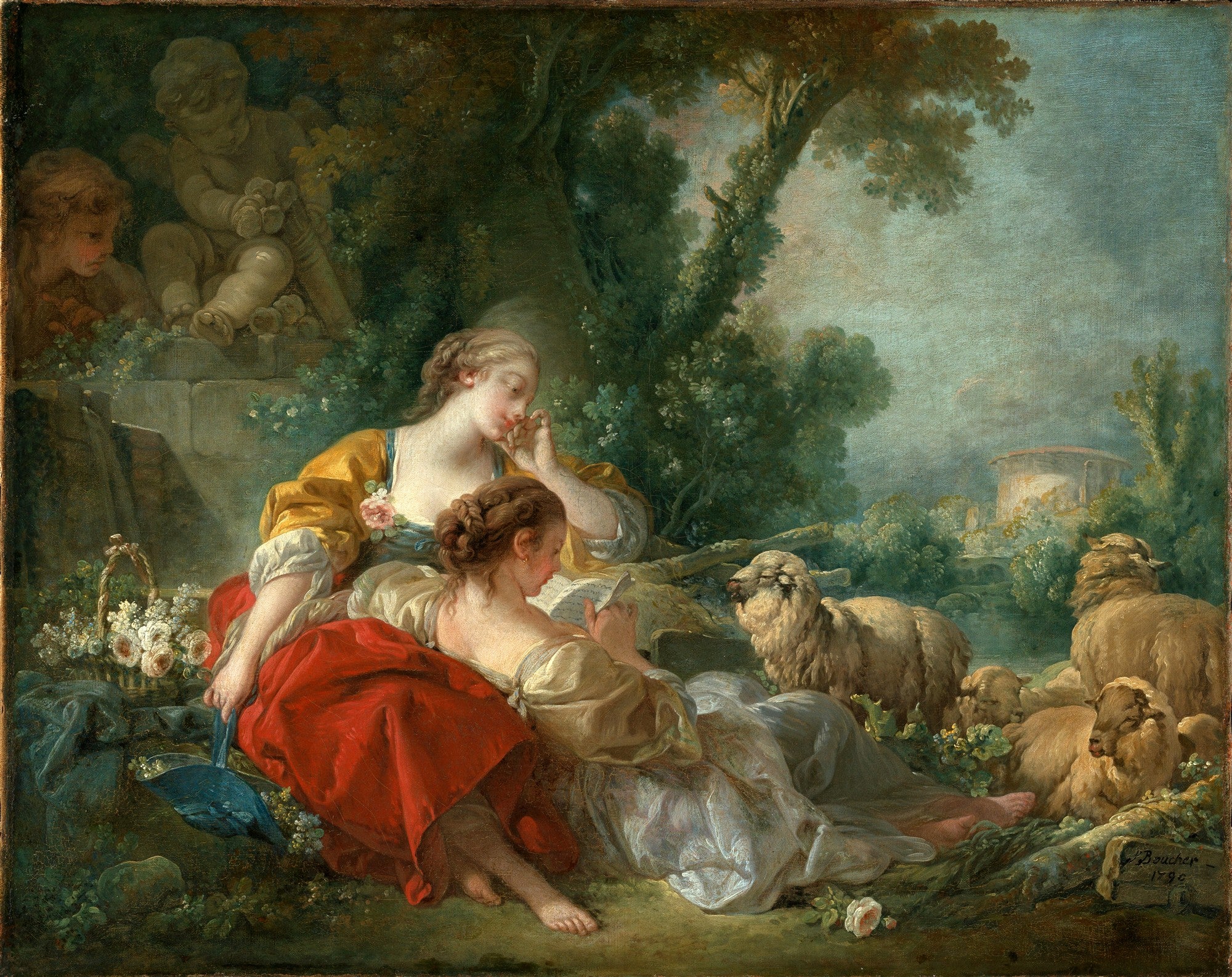 Quadro decorativo "A Pastoral" de François Boucher, mostrando duas mulheres em um cenário campestre com ovelhas e uma estátua de querubim, em estilo Rococó.