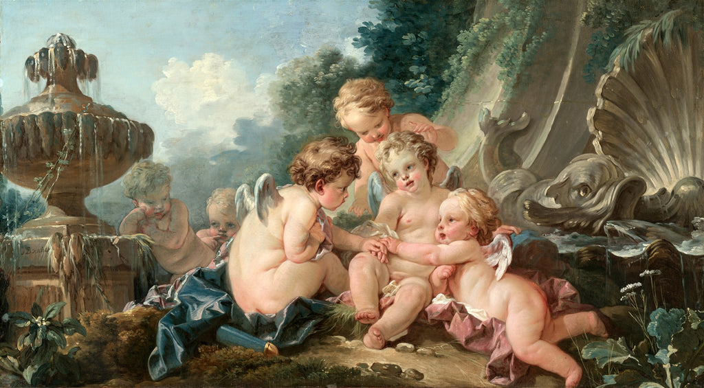 Pintura de François Boucher, cena idílica com múltiplos querubins próximos a uma fonte, em tons pastel suaves. Representa a estética rococó francesa.