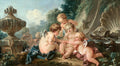 Pintura de François Boucher, cena idílica com múltiplos querubins próximos a uma fonte, em tons pastel suaves. Representa a estética rococó francesa.