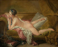 Quadro decorativo com pintura de François Boucher, 'Odalisque Reclining', mostrando uma mulher nua reclinada em um sofá, com tecidos luxuosos e cores suaves, em estilo Rococó.