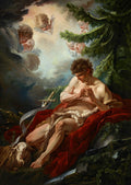 Quadro decorativo com pintura de São João Batista jovem em contemplação, com um cordeiro e anjos celestiais, em estilo rococó de François Boucher.
