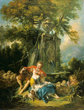 Casal de pastores enamorados em uma paisagem idílica com ovelhas, cães e uma fonte, obra de François Boucher