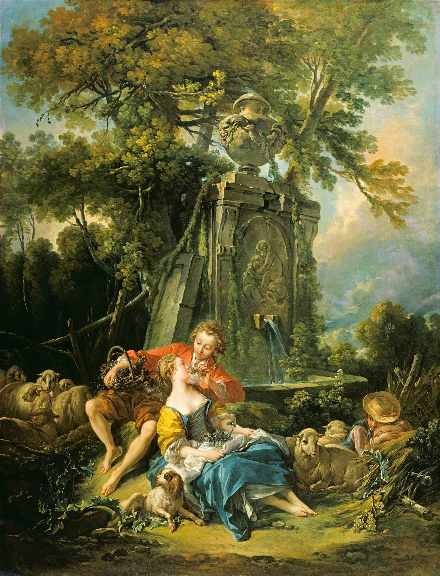 Casal de pastores enamorados em uma paisagem idílica com ovelhas, cães e uma fonte, obra de François Boucher