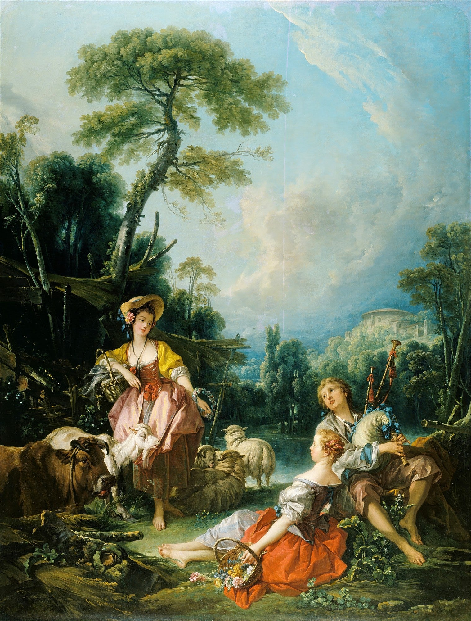 Quadro decorativo 'A Pastoral' de François Boucher, representando uma cena campestre idílica com pastores, animais e uma paisagem exuberante em tons pastel.