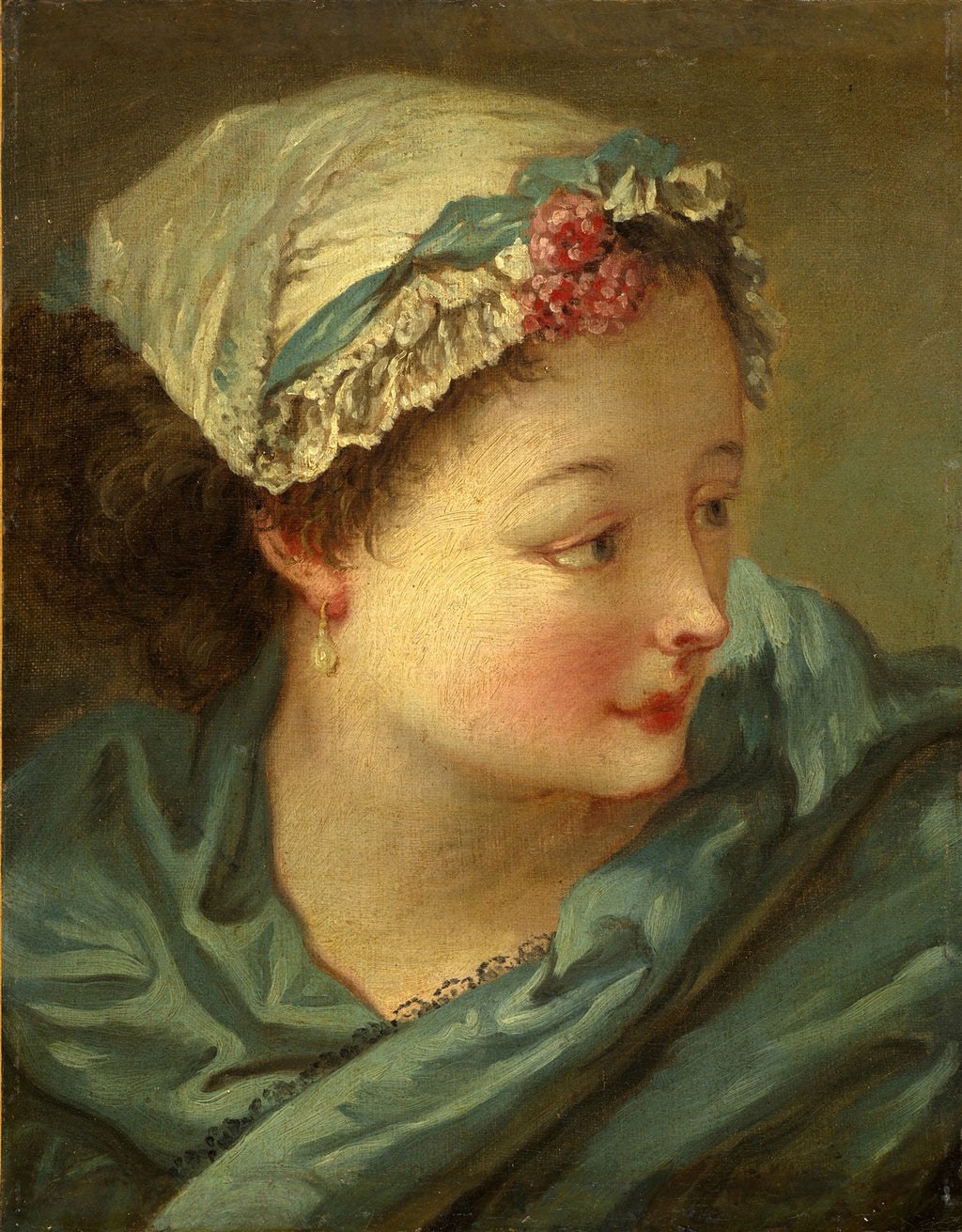 Retrato de uma jovem mulher com touca branca e detalhes florais, vestindo uma peça de roupa azul-esverdeada, em perfil, atribuída a François Boucher.