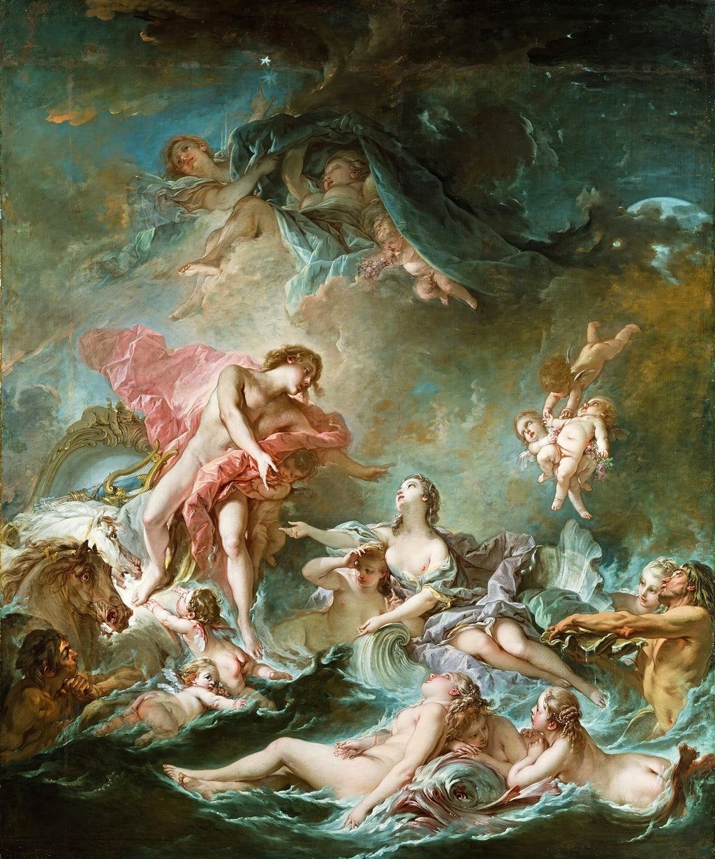 Pintura 'O Nascimento de Vênus' de François Boucher, que retrata a deusa emergindo do mar, cercada por ninfas, tritões, cupidos e outras figuras mitológicas, com tons pastel e uma atmosfera etérea.