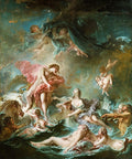 Pintura 'O Nascimento de Vênus' de François Boucher, que retrata a deusa emergindo do mar, cercada por ninfas, tritões, cupidos e outras figuras mitológicas, com tons pastel e uma atmosfera etérea.