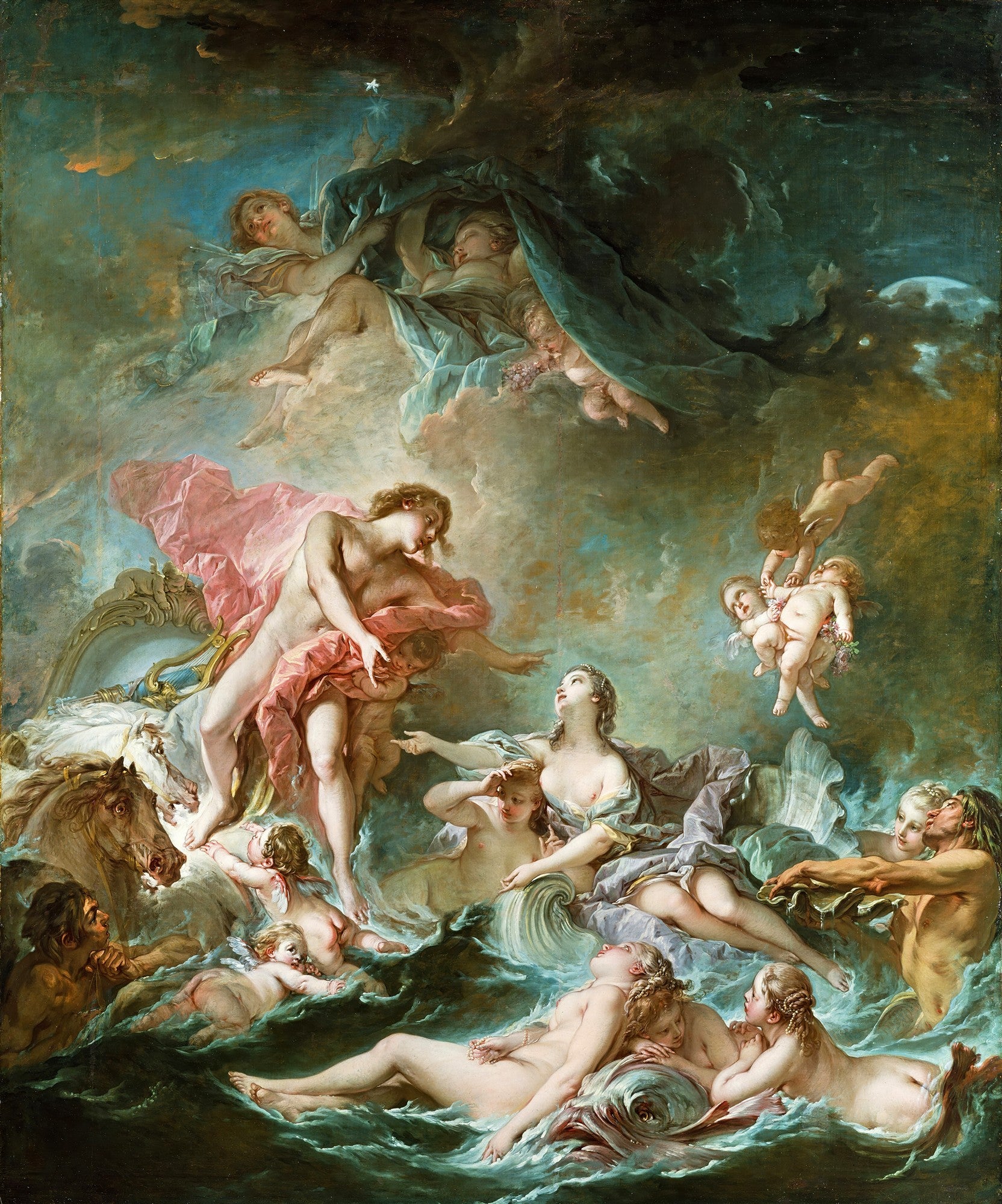 Pintura 'O Nascimento de Vênus' de François Boucher, que retrata a deusa emergindo do mar, cercada por ninfas, tritões, cupidos e outras figuras mitológicas, com tons pastel e uma atmosfera etérea.