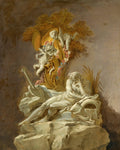 Quadro decorativo atribuído a François Boucher, com figura mitológica reclinada e cupidos em folhagens douradas, estilo Rococó.