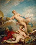 Pintura de François Boucher, 'Vênus e Adônis', com a deusa Vênus nua e angustiada sobre nuvens, olhando para o corpo de Adônis ferido no chão, acompanhados por um cupido e cães de caça, em estilo Rococó.
