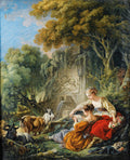 Duas jovens em um cenário pastoral com cabras, lendo partituras, perto de uma fonte com relevo de querubins, obra de François Boucher.