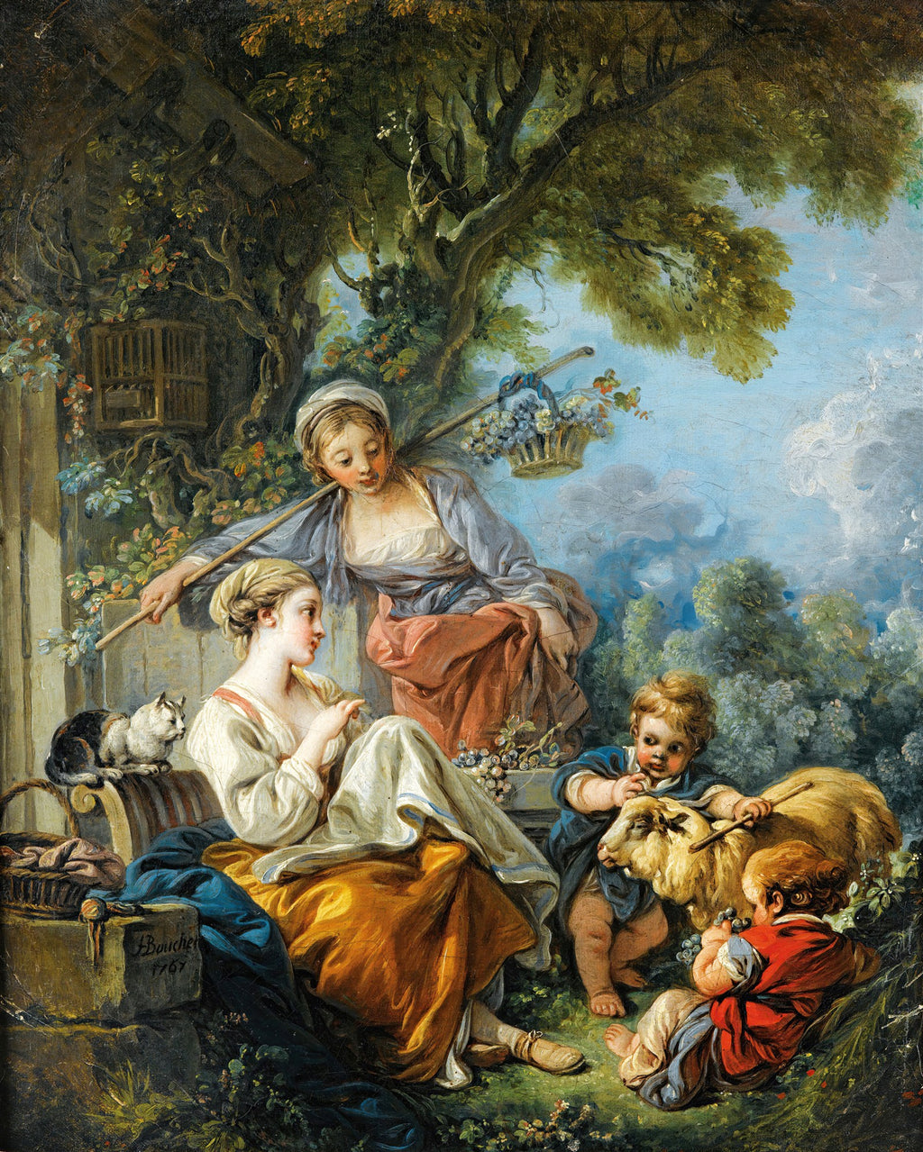 Quadro decorativo 'A Oferta Pastoral' de François Boucher, mostrando uma cena campestre com mulheres, crianças e um carneiro, sob uma árvore frondosa, em tons pastel e iluminação suave.