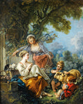Quadro decorativo 'A Oferta Pastoral' de François Boucher, mostrando uma cena campestre com mulheres, crianças e um carneiro, sob uma árvore frondosa, em tons pastel e iluminação suave.