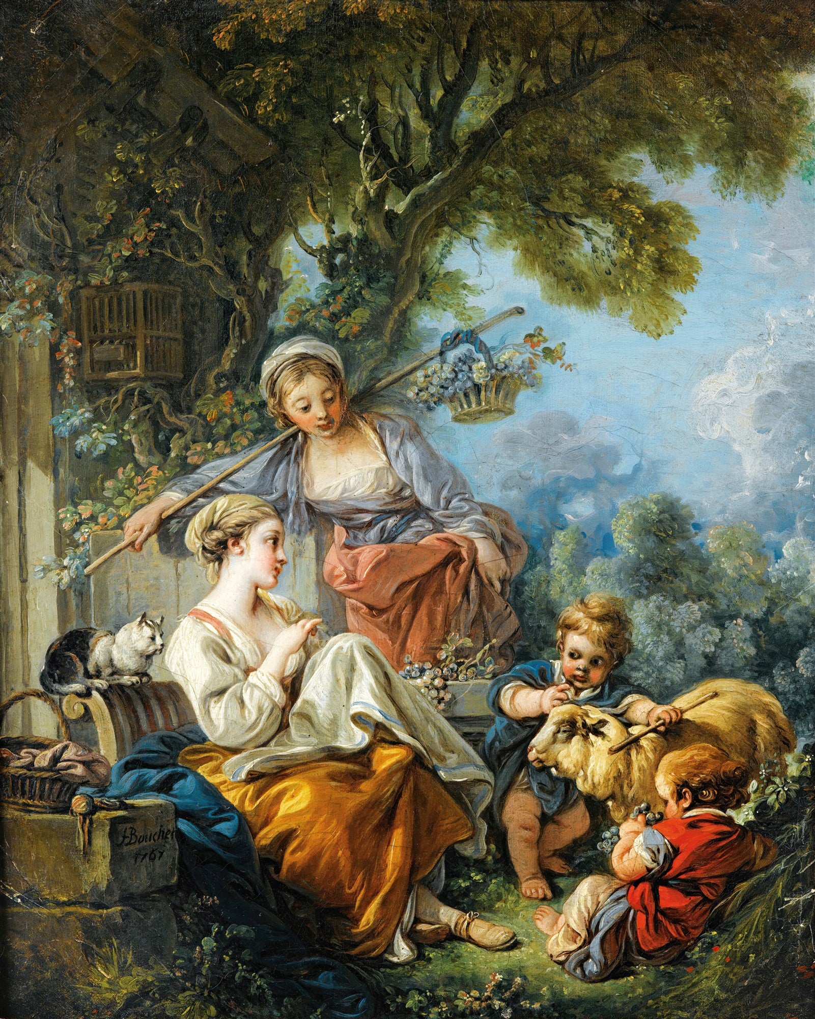Quadro decorativo 'A Oferta Pastoral' de François Boucher, mostrando uma cena campestre com mulheres, crianças e um carneiro, sob uma árvore frondosa, em tons pastel e iluminação suave.
